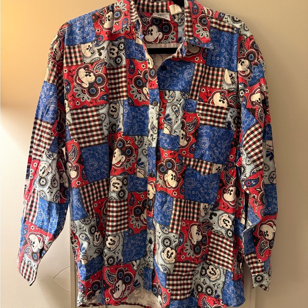 Vintage Disney Red And Blue Patchwork Button Down… - image 1